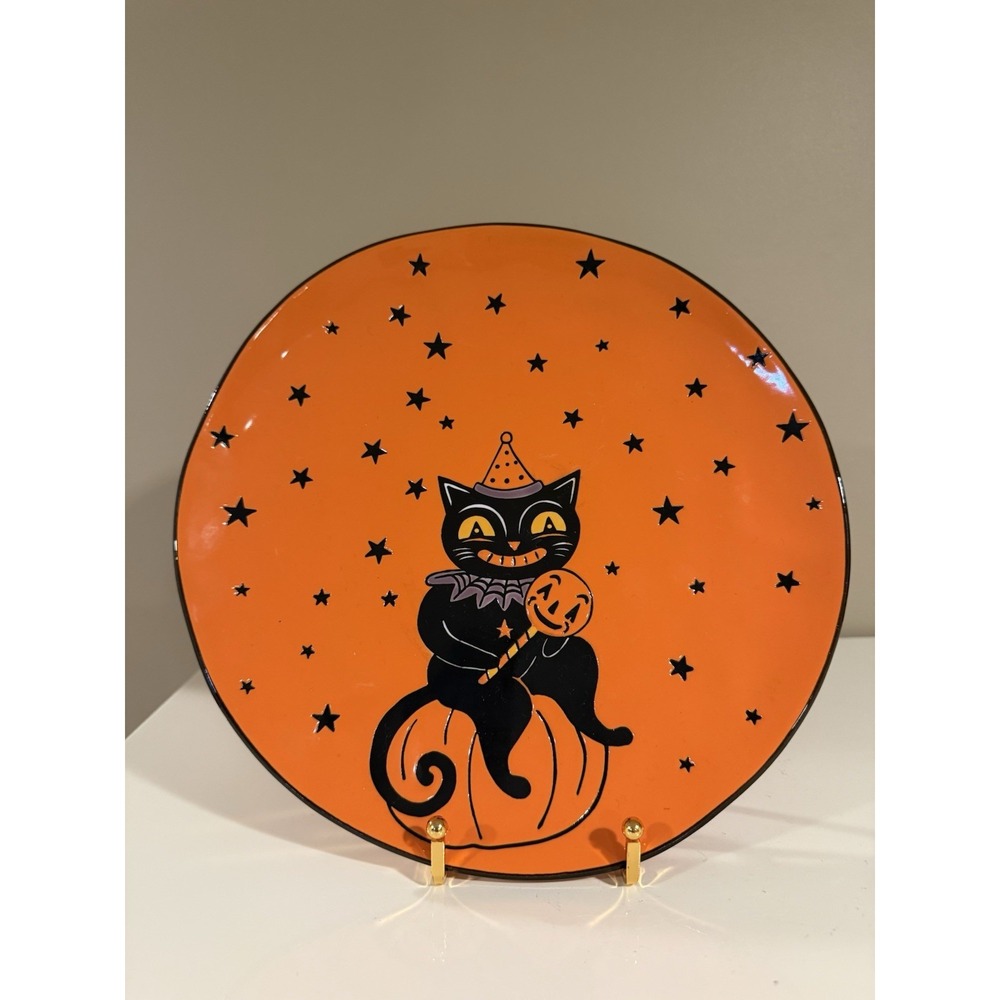 Set of 4 Eli + Ana Retro Yesteryears Black Cat 11" Dinner Plate HALLOWEEN